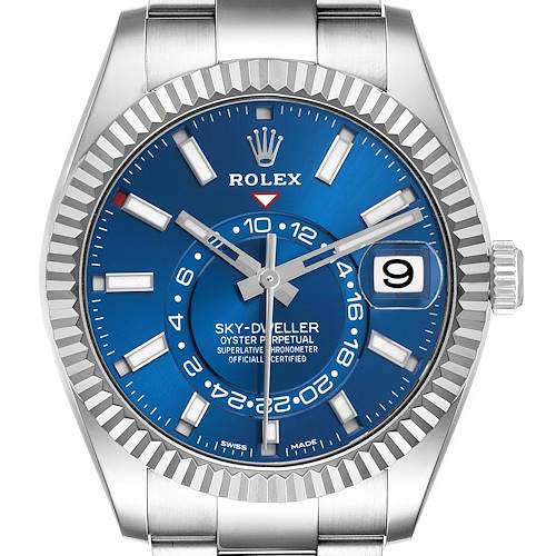 The Rolex Sky-Dweller 326934 Men's Stainless Steel Blue Dial 326934 Men's Stainless Steel Blue Dial is shown from the front, featuring its blue dial, fluted bezel, hands, markers, and date window.