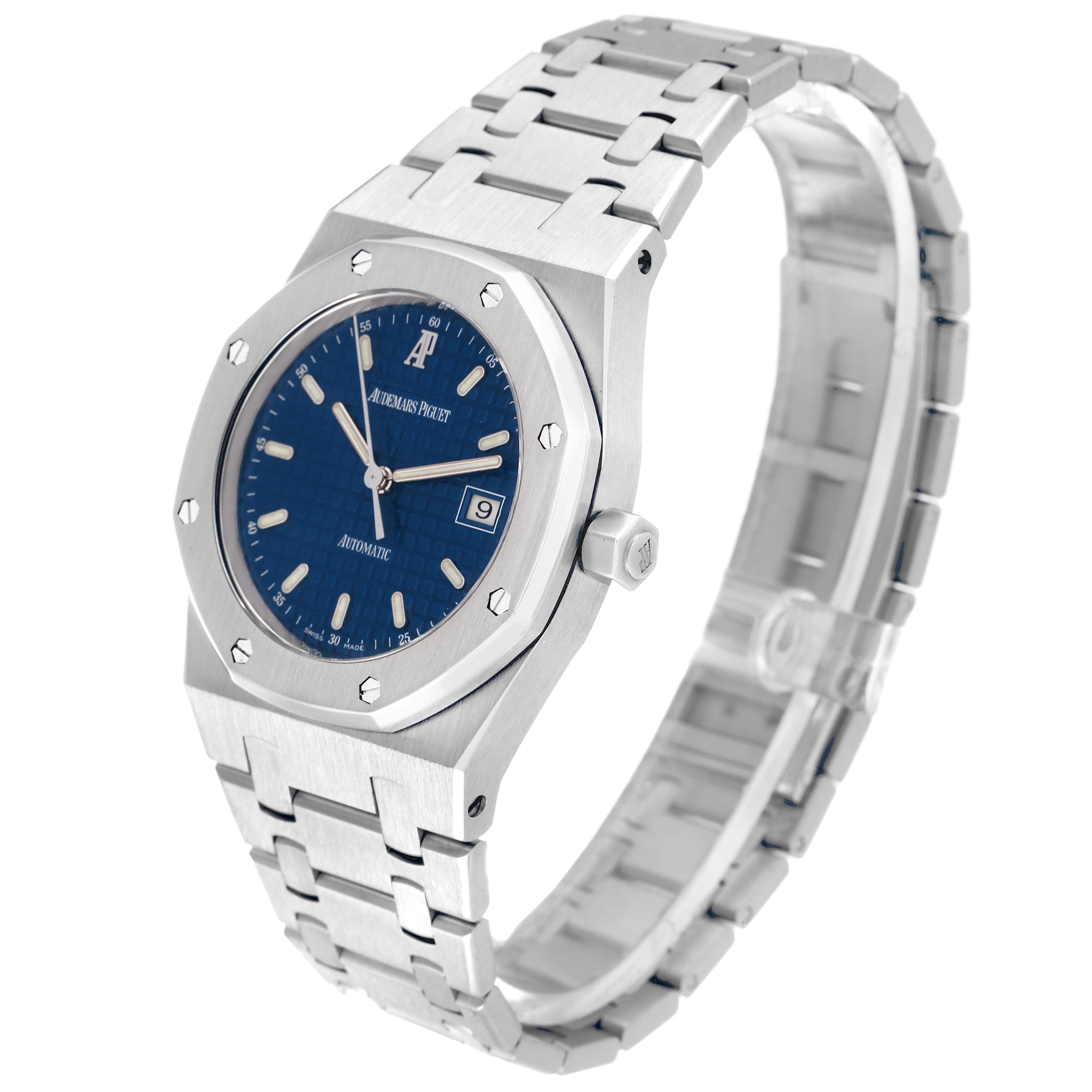 The Audemars Piguet Royal Oak 15000ST.OO.0789ST.05 Men's Stainless Steel Blue Dial 15000ST.OO.0789ST.05 Men's Stainless Steel Blue Dial watch is shown from a left-side angle, displaying the dial, bezel, and bracelet.