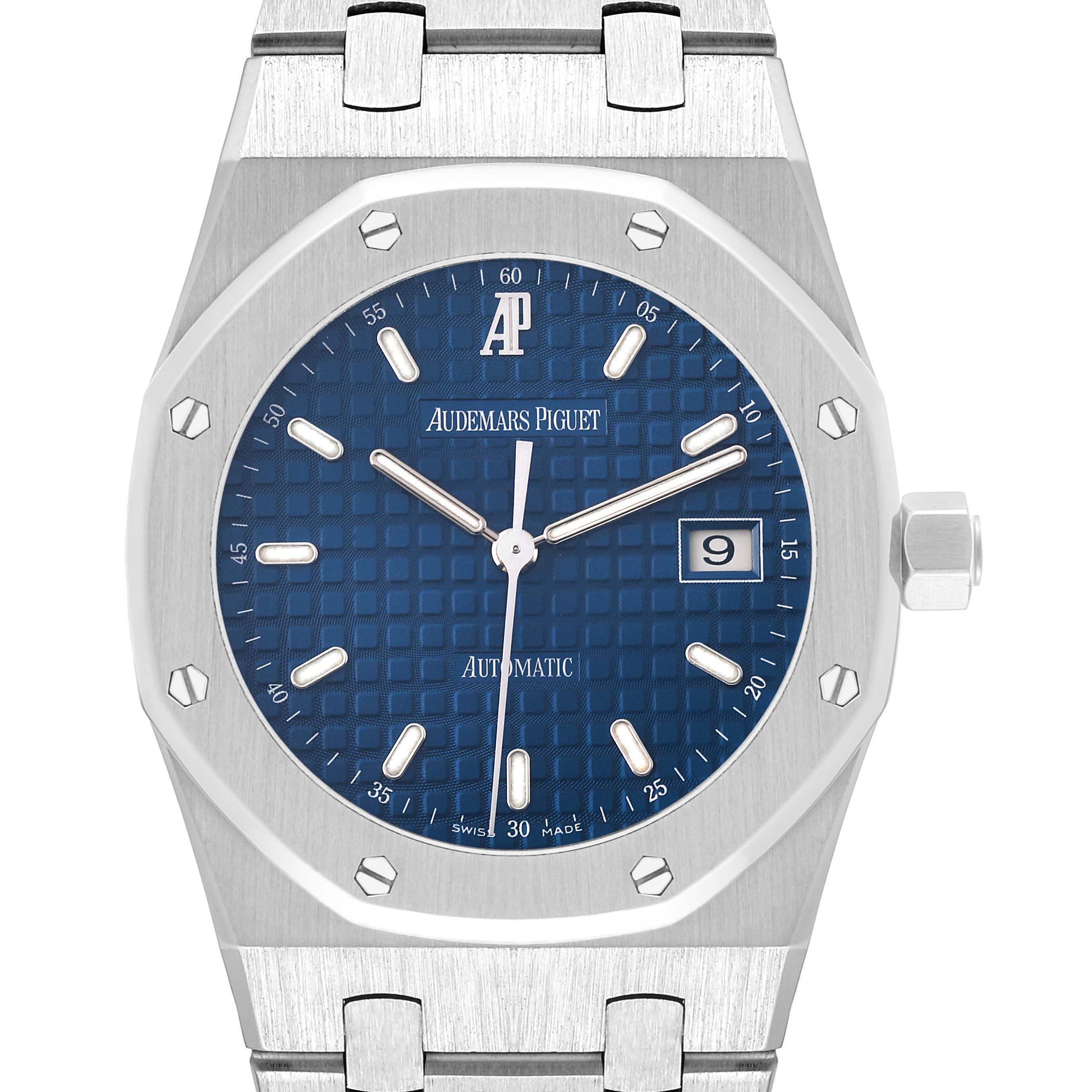 The image shows a front view of an Audemars Piguet Royal Oak 15000ST.OO.0789ST.05 Men's Stainless Steel Blue Dial 15000ST.OO.0789ST.05 Men's Stainless Steel Blue Dial watch, highlighting the dial, bezel, and part of the bracelet.