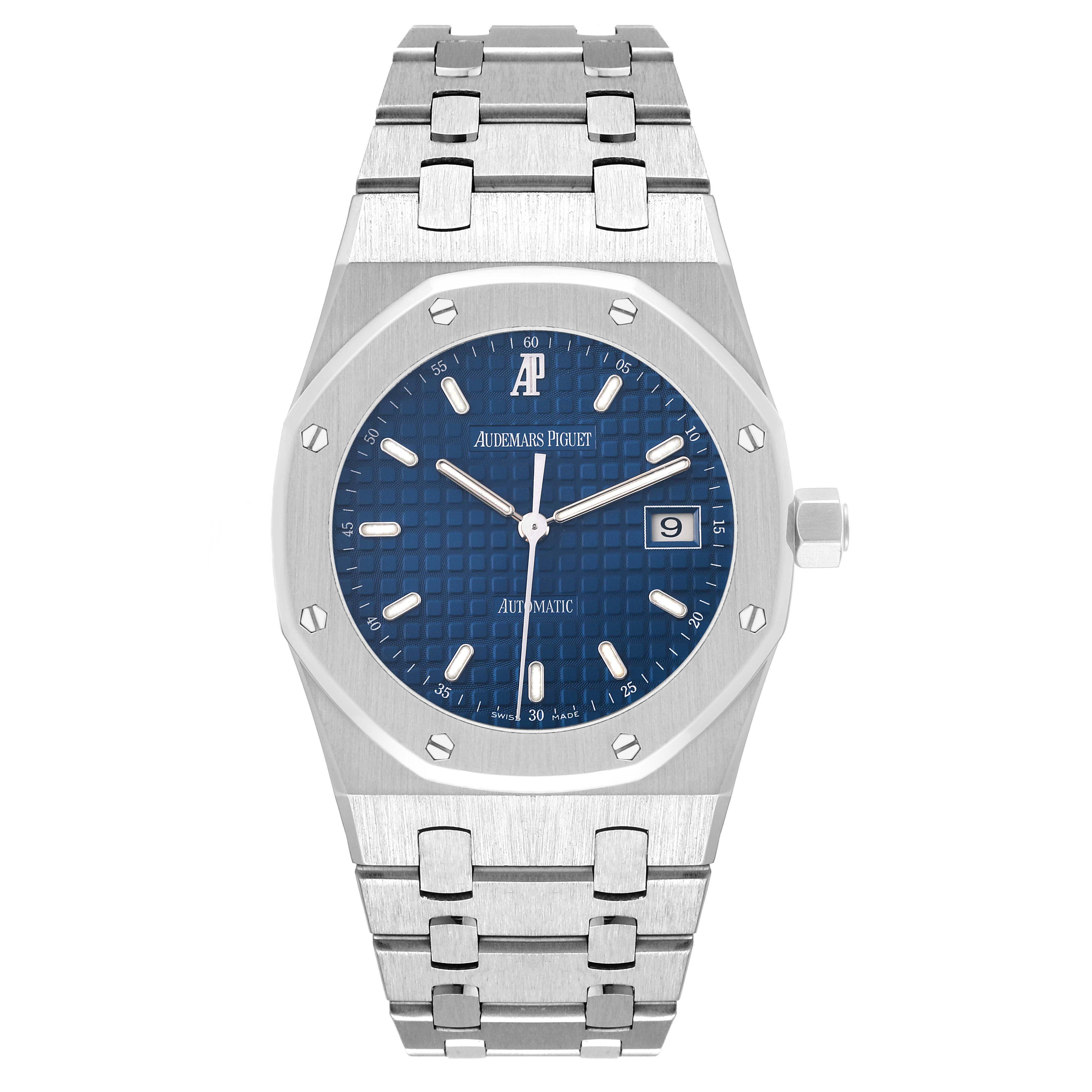 This image shows a front view of an Audemars Piguet Royal Oak 15000ST.OO.0789ST.05 Men's Stainless Steel Blue Dial 15000ST.OO.0789ST.05 Men's Stainless Steel Blue Dial watch, displaying the dial, date, and bracelet.