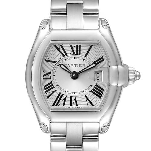 The image shows a front view of the Cartier Roadster W62016V3 Women's Stainless Steel Silver Dial W62016V3 Women's Stainless Steel Silver Dial watch, highlighting its face, hands, and date window.