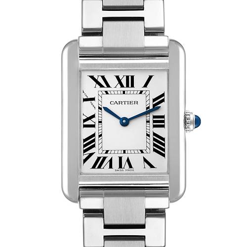 The image shows a close-up of the face and a part of the bracelet of the Tank Solo watch by Cartier.