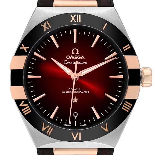 This image shows a frontal view of an Omega Constellation 131.23.41.21.11.001 Men's Steel and Gold (two tone) Red Dial 131.23.41.21.11.001 Men's Steel and Gold (two tone) Red Dial watch featuring a burgundy dial and a two-tone bezel.