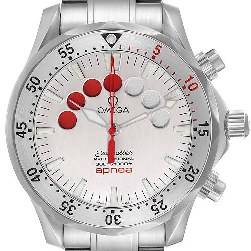 The image shows a front view of the Omega Seamaster 2595.30.00 Men's Stainless Steel Silver Dial 2595.30.00 Men's Stainless Steel Silver Dial watch, highlighting its bezel, dial, and pushers.