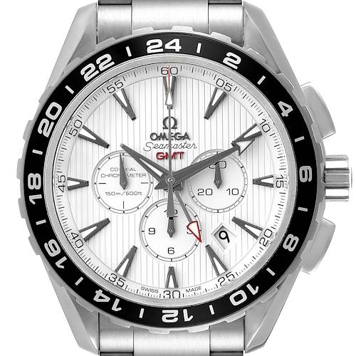 The image shows a front view of the Omega Aqua Terra 231.10.44.52.04.001 Men's Stainless Steel White Dial 231.10.44.52.04.001 Men's Stainless Steel White Dial Seamaster GMT watch, focusing on the dial, bezel, and partial bracelet.