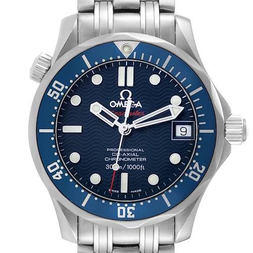 The image shows a front view of the Omega Seamaster 2222.80.00 Men's Stainless Steel Blue Dial 2222.80.00 Men's Stainless Steel Blue Dial watch, highlighting its dial, bezel, hands, and bracelet.