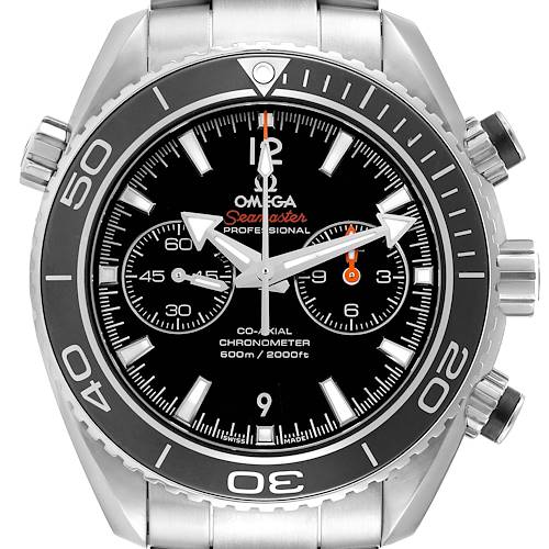 This image shows a front view of the Omega Planet Ocean 232.30.46.51.01.001 Men's Stainless Steel Black Dial 232.30.46.51.01.001 Men's Stainless Steel Black Dial Seamaster watch, highlighting the dial, bezel, and bracelet.