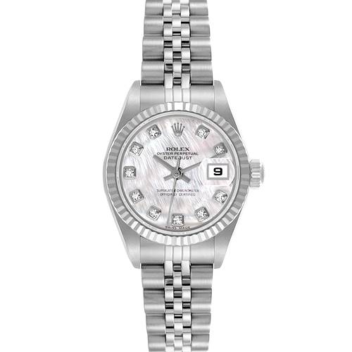 The Rolex Datejust 79174 Women's Stainless Steel Mother of Pearl Dial 79174 Women's Stainless Steel Mother of Pearl Dial watch is shown from a top view, highlighting its dial, bezel, and Jubilee bracelet.