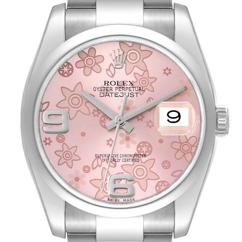 The image shows a close-up view of the Rolex Datejust 116200 Men's Stainless Steel Pink Dial 116200 Men's Stainless Steel Pink Dial watch dial and case, featuring a pink floral pattern.