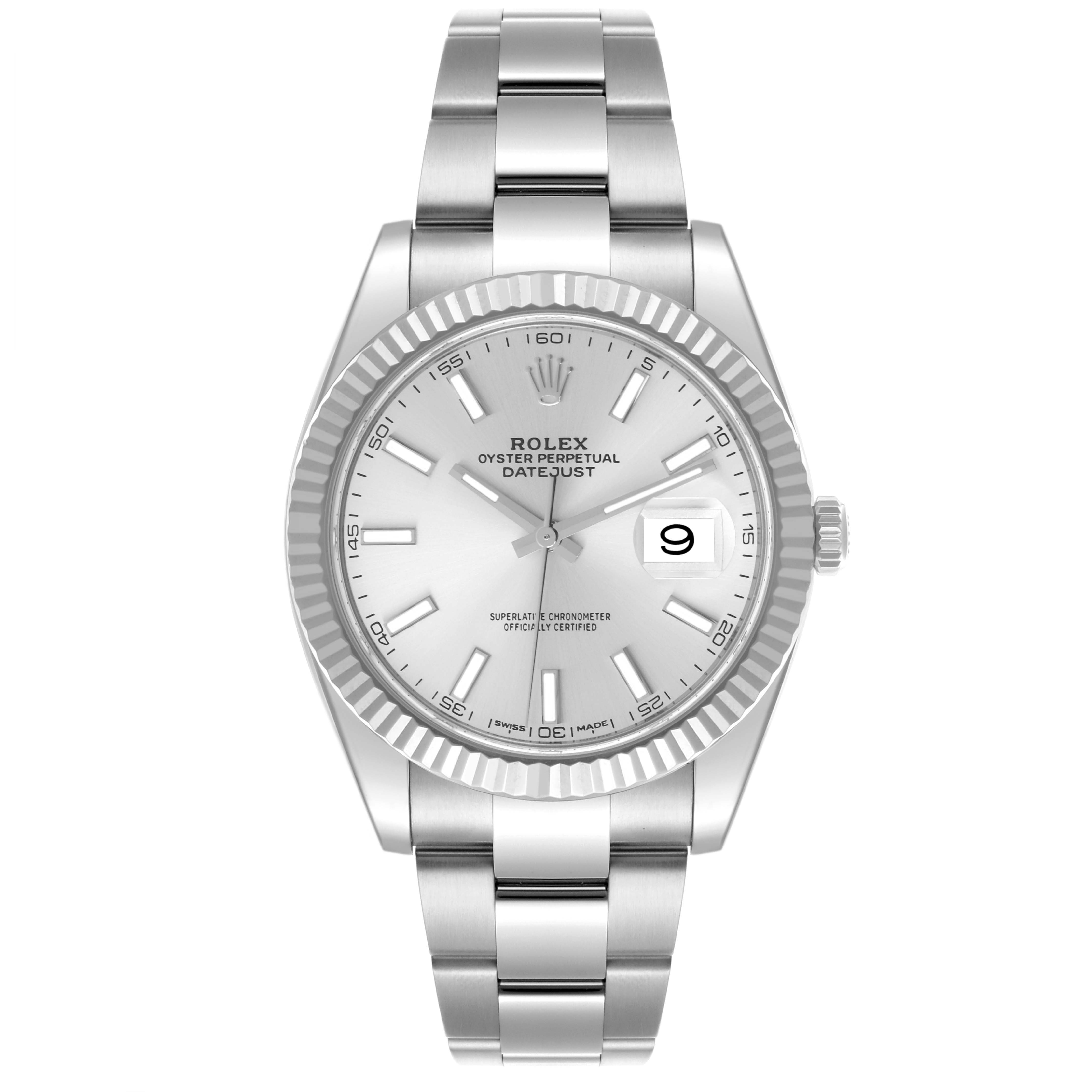 The Rolex Datejust 41 126334 Men's Stainless Steel Silver Dial 126334 Men's Stainless Steel Silver Dial is shown from the front, displaying the dial, fluted bezel, bracelet, and crown.