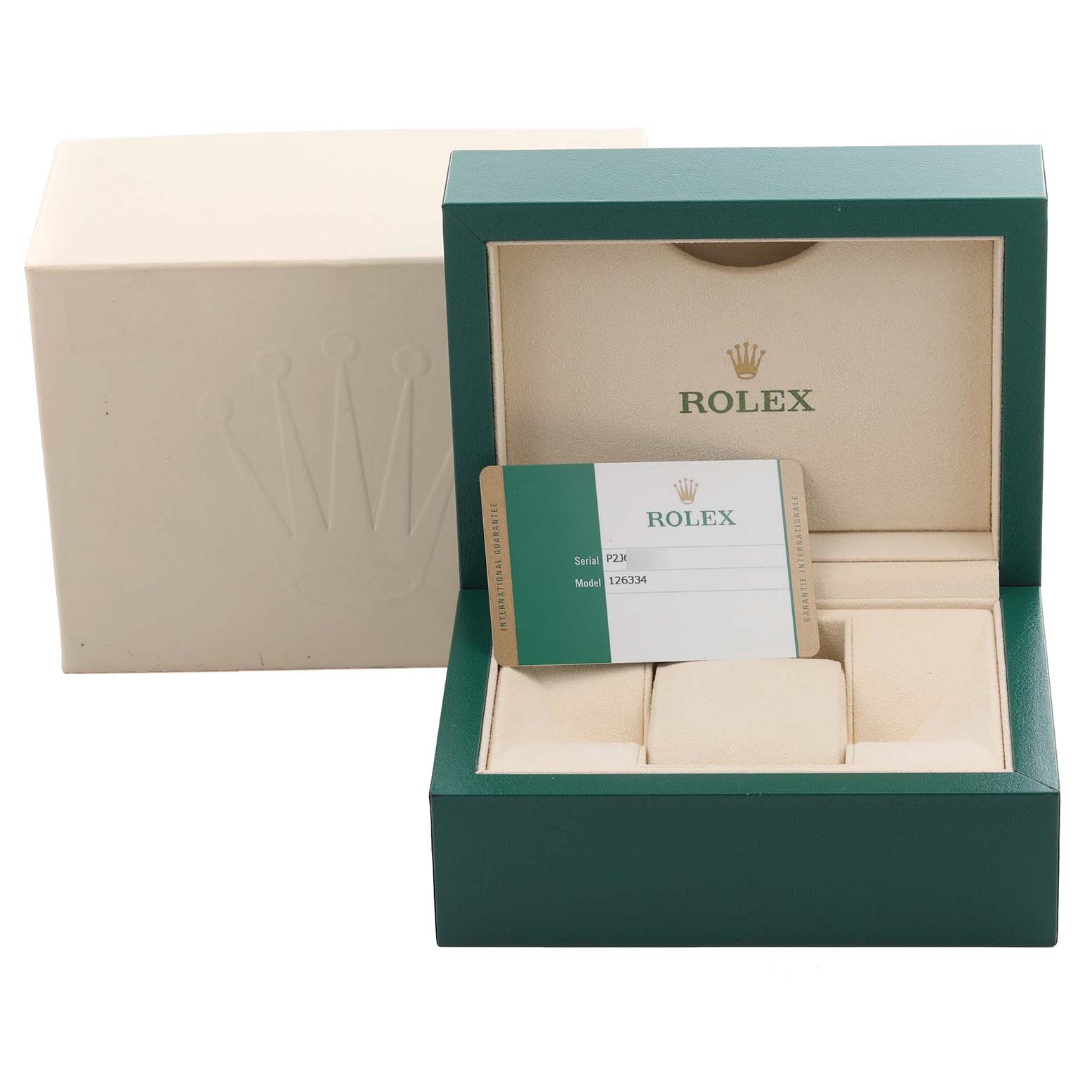 The image shows a Rolex Datejust 41 126334 Men's Stainless Steel Silver Dial 126334 Men's Stainless Steel Silver Dial box with papers displayed inside, shot from the front angle.