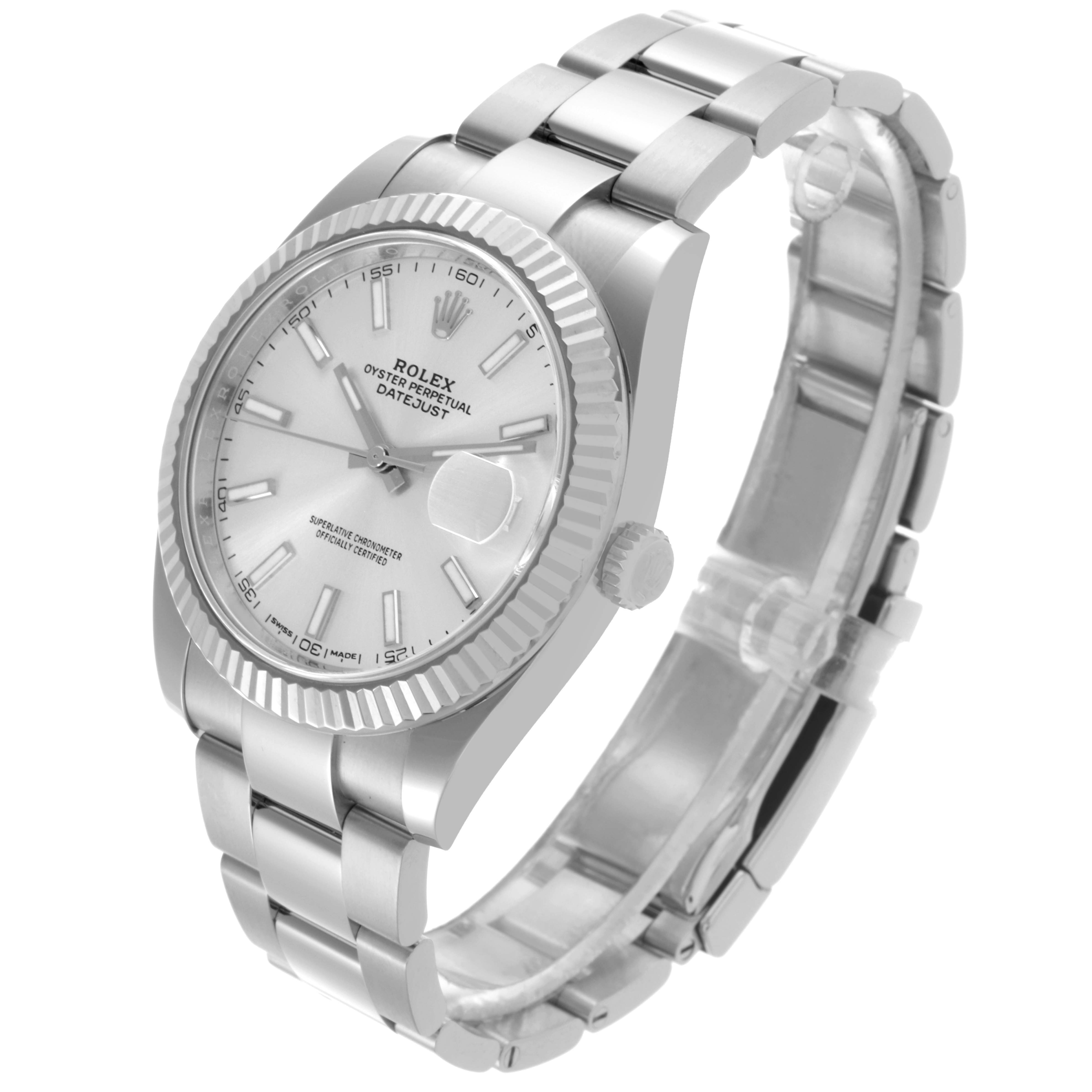 The Rolex Datejust 41 126334 Men's Stainless Steel Silver Dial 126334 Men's Stainless Steel Silver Dial is shown at an angled top-side view, displaying the dial, bezel, case, crown, and bracelet.
