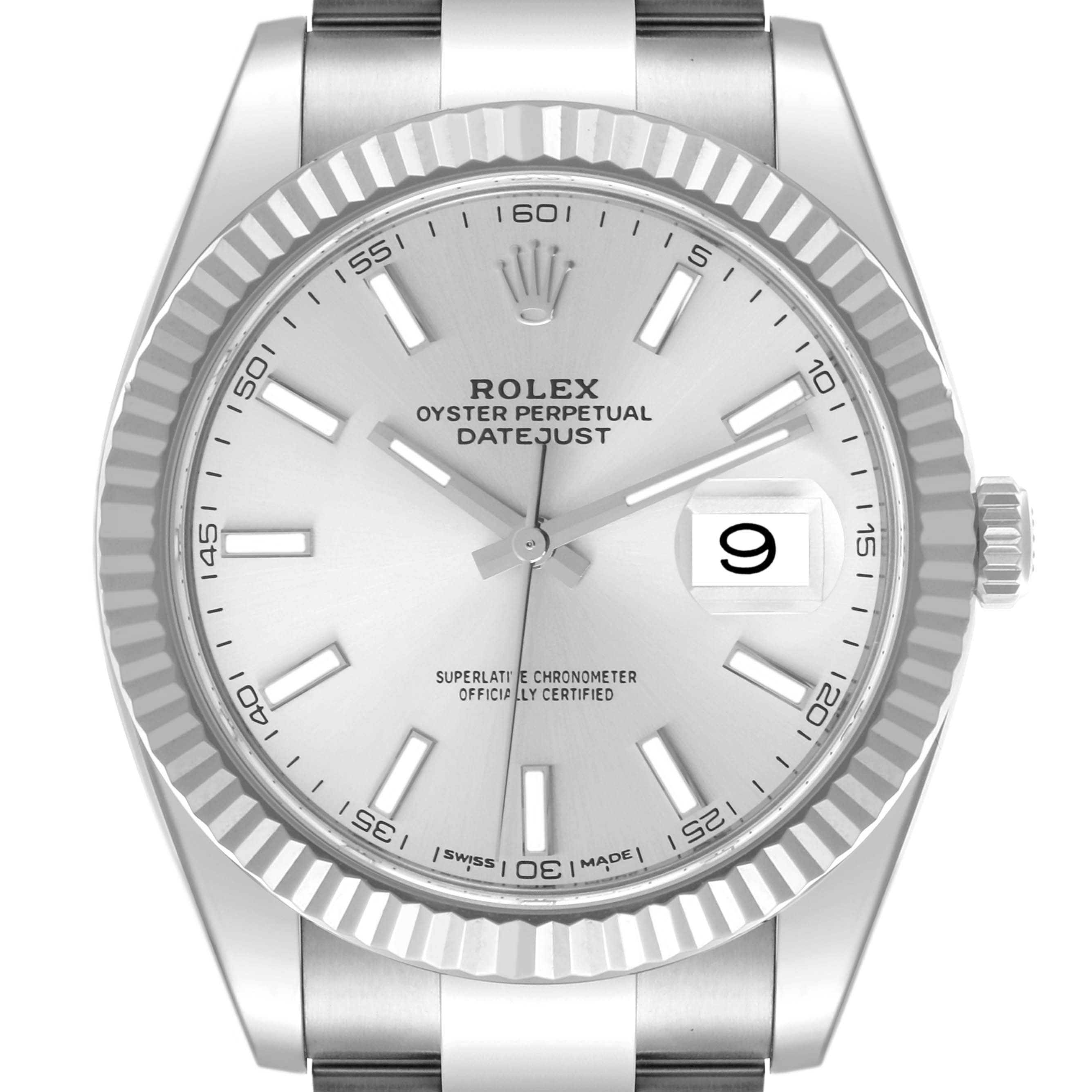 The Rolex Datejust 41 126334 Men's Stainless Steel Silver Dial 126334 Men's Stainless Steel Silver Dial is shown from a front angle, displaying the dial, hands, markers, bezel, and date window.
