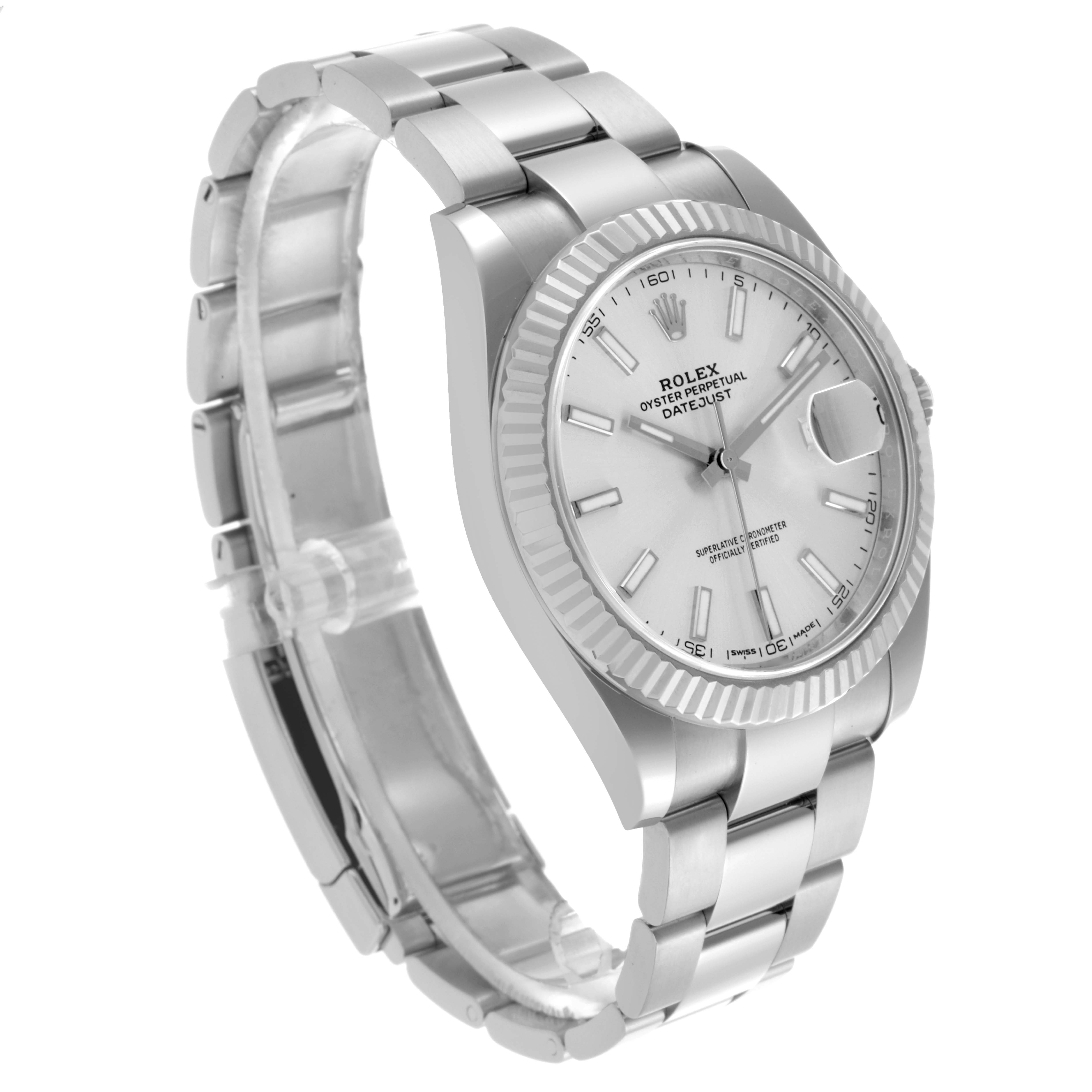 The Rolex Datejust 41 126334 Men's Stainless Steel Silver Dial 126334 Men's Stainless Steel Silver Dial is shown at a three-quarter angle, highlighting the bezel, dial, and bracelet.
