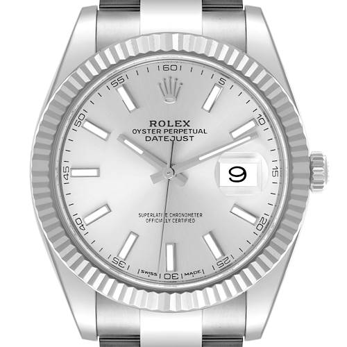 The Rolex Datejust 41 126334 Men's Stainless Steel Silver Dial 126334 Men's Stainless Steel Silver Dial is shown from a front view, highlighting its bezel, dial, hands, and date window.