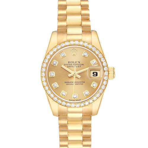 The Rolex President 179138 Women's Yellow Gold Champagne Dial 179138 Women's Yellow Gold Champagne Dial model watch is shown from a top view, highlighting the face, bezel, crown, and bracelet.