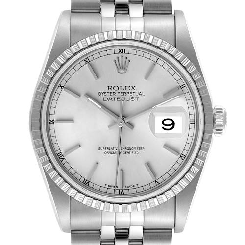 The image shows a Rolex Datejust 16220 Men's Stainless Steel Silver Dial 16220 Men's Stainless Steel Silver Dial watch from a front angle, highlighting the dial, bezel, case, and part of the bracelet.