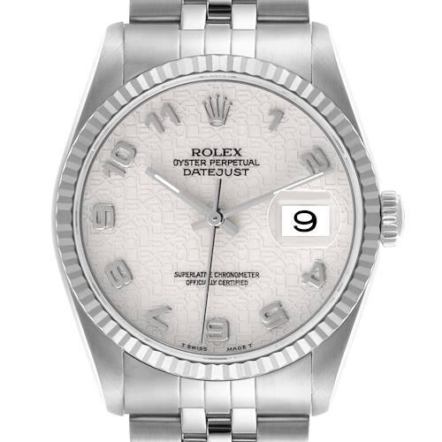 The Rolex Datejust 16234 Men's Stainless Steel Beige Dial 16234 Men's Stainless Steel Beige Dial watch is shown from a front angle, highlighting the dial, bezel, and part of the bracelet.
