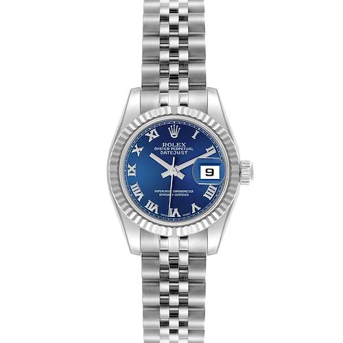 The image shows a front view of a Rolex Datejust 179174 Women's Stainless Steel Blue Dial 179174 Women's Stainless Steel Blue Dial watch, highlighting the blue dial, bezel, crown, and stainless steel bracelet.
