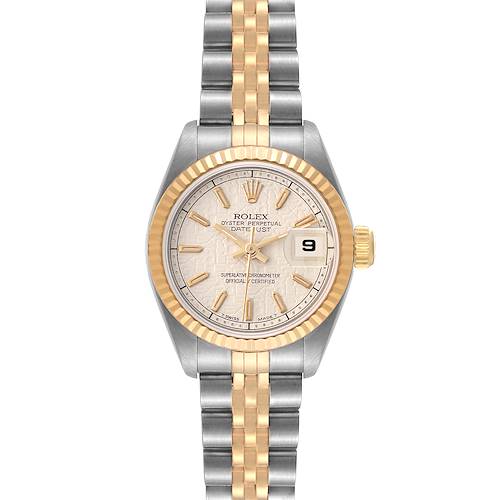 The image shows a front view of a Rolex Datejust 69173 Women's Steel and Gold (two tone) Beige Dial 69173 Women's Steel and Gold (two tone) Beige Dial watch featuring a two-tone gold and silver bracelet.