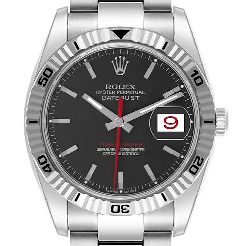 The Rolex Turn-o-Graph 116264 Men's Stainless Steel Black Dial 116264 Men's Stainless Steel Black Dial watch is shown from the front, highlighting its dial, bezel, and stainless steel bracelet.