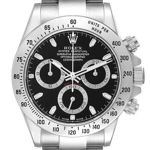 The image shows a front view of the Rolex Daytona 116520 Men's Stainless Steel Black Dial 116520 Men's Stainless Steel Black Dial watch, displaying the dial, bezel, pushers, and bracelet.