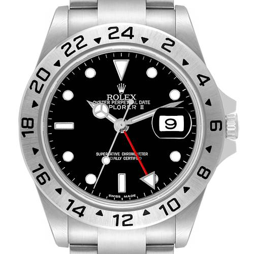 The image shows a close-up of a Rolex Explorer 16570T Men's Stainless Steel Black Dial 16570T Men's Stainless Steel Black Dial II, highlighting its detailed face, bezel, and bracelet.