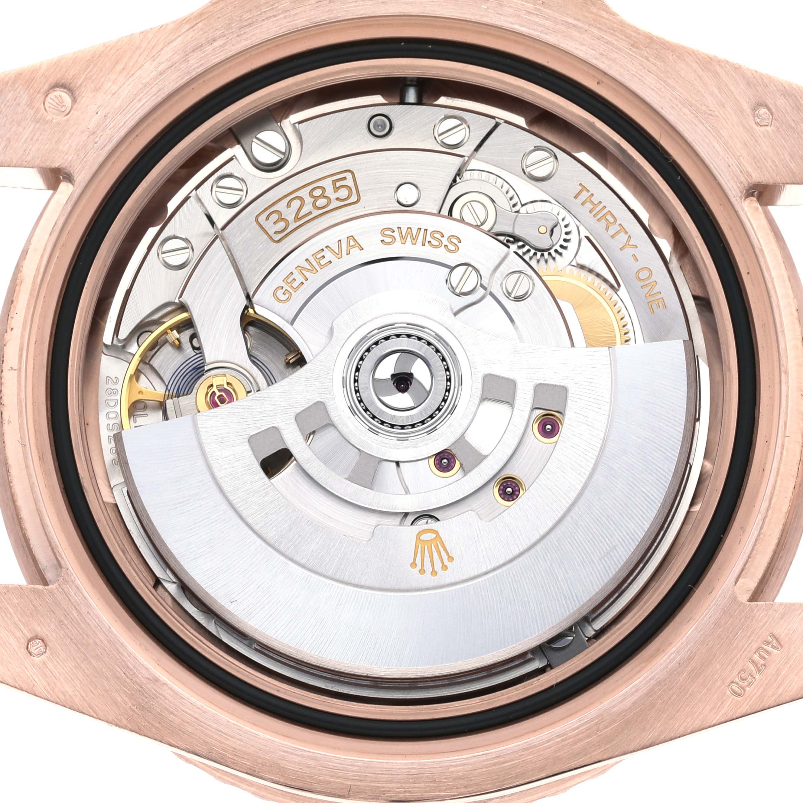 This is a close-up view of the movement inside a Rolex GMT-Master 126715CHNR Men's Rose Gold Black Dial 126715CHNR Men's Rose Gold Black Dial watch, showcasing its intricate mechanical components.