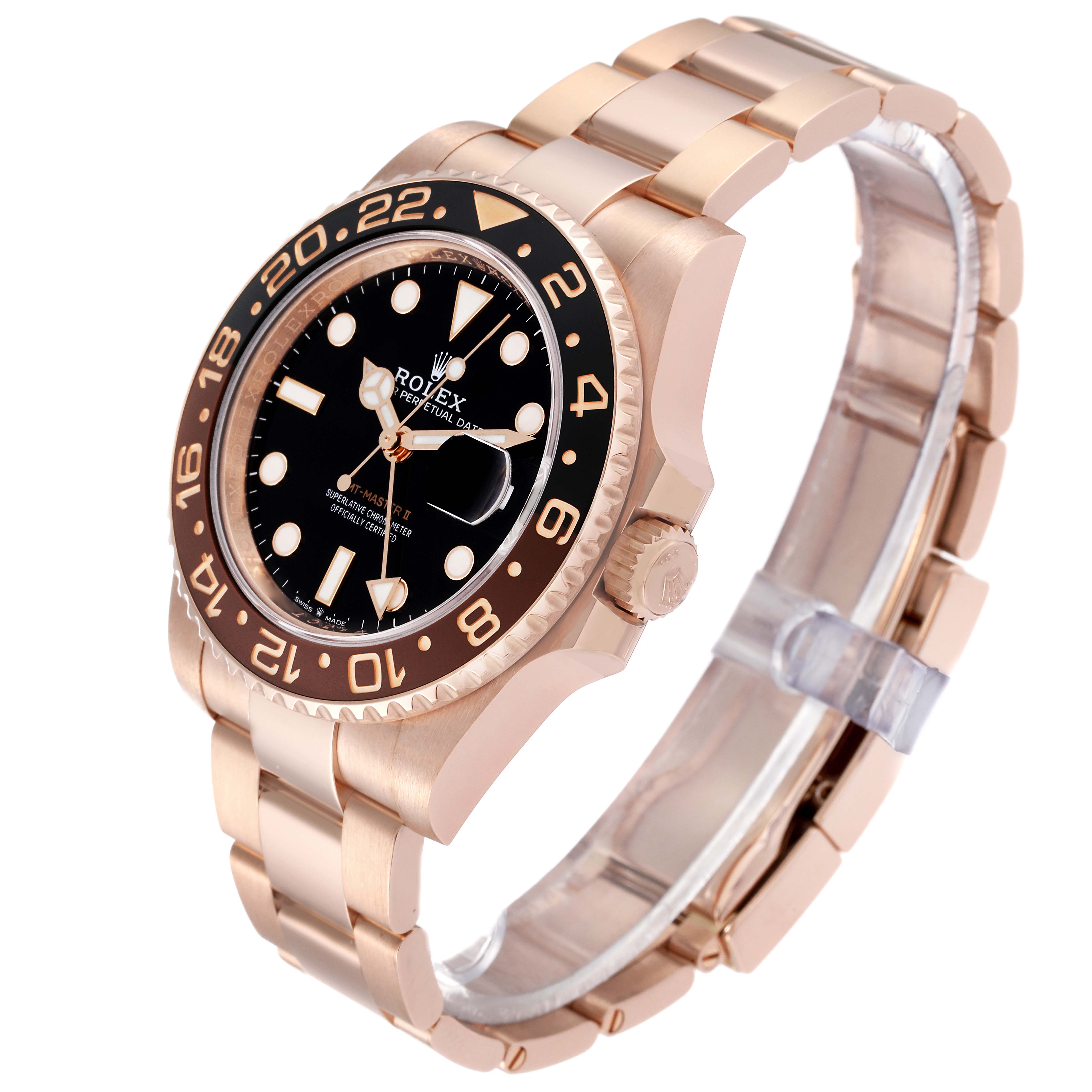 The image shows a side-angle view of a Rolex GMT-Master 126715CHNR Men's Rose Gold Black Dial 126715CHNR Men's Rose Gold Black Dial watch, highlighting its face, bezel, and bracelet.