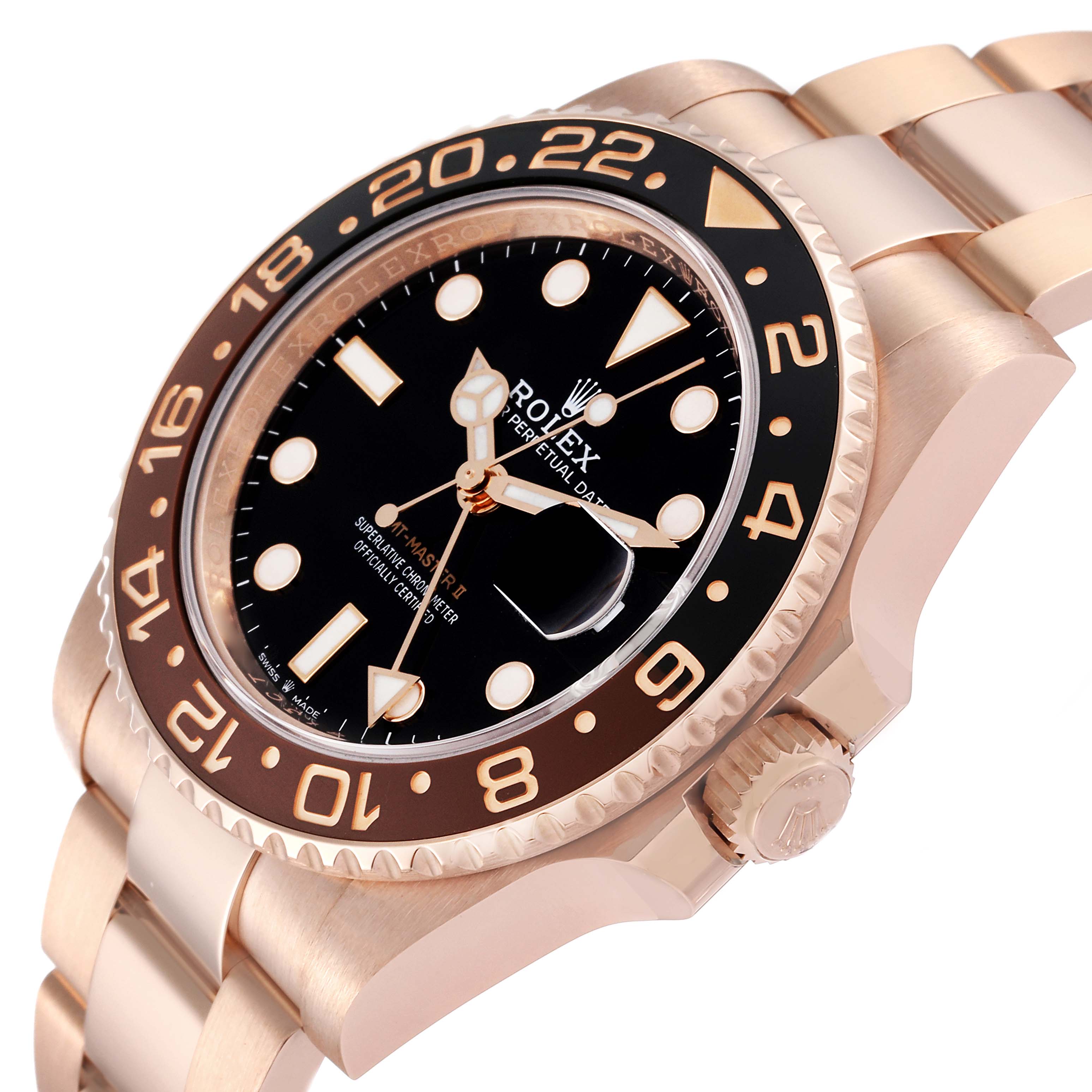 The image shows a side angle view of the Rolex GMT-Master 126715CHNR Men's Rose Gold Black Dial 126715CHNR Men's Rose Gold Black Dial watch, highlighting the bezel, crown, and bracelet.