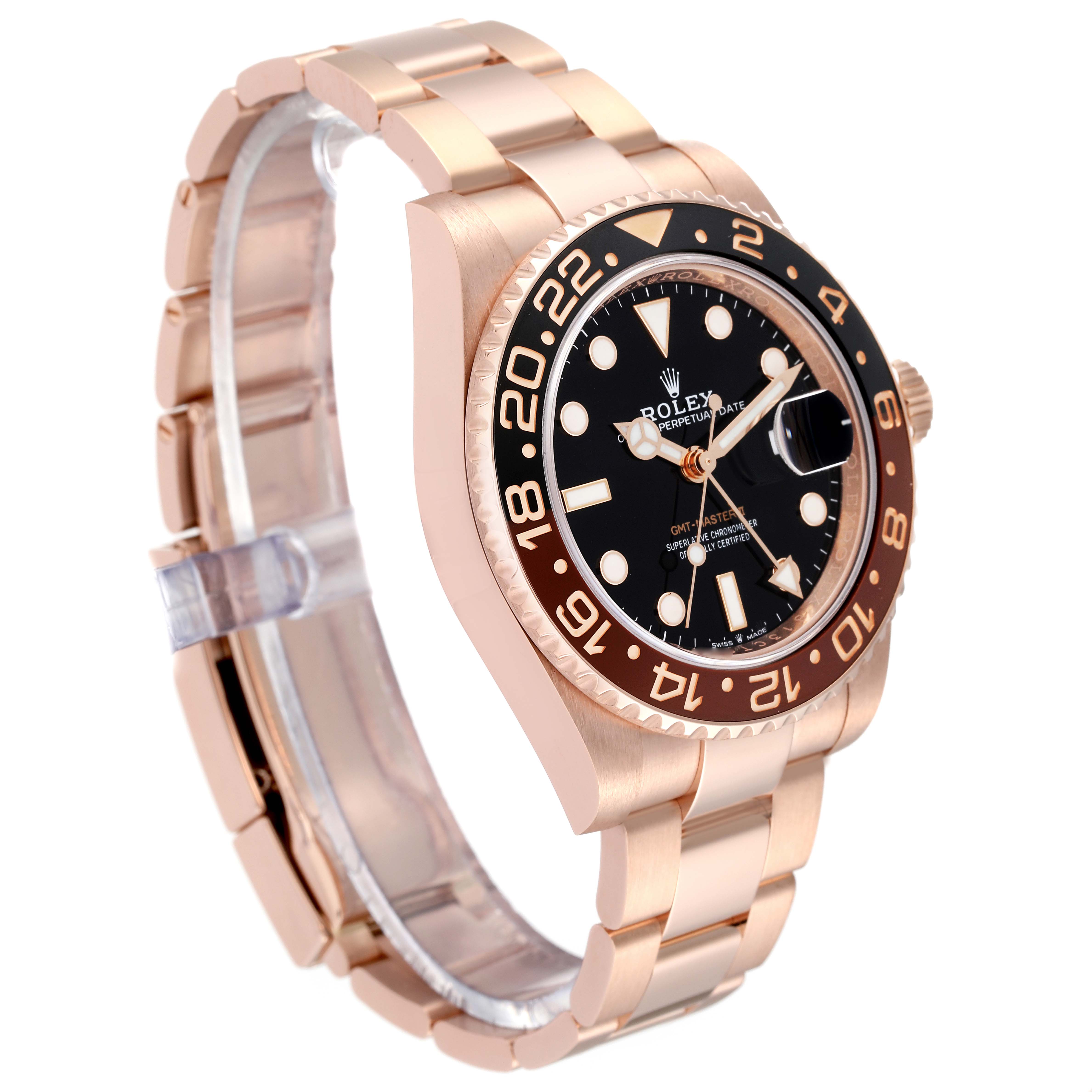 The image shows a side angle of the Rolex GMT-Master 126715CHNR Men's Rose Gold Black Dial 126715CHNR Men's Rose Gold Black Dial watch, highlighting the bezel, dial, and bracelet.