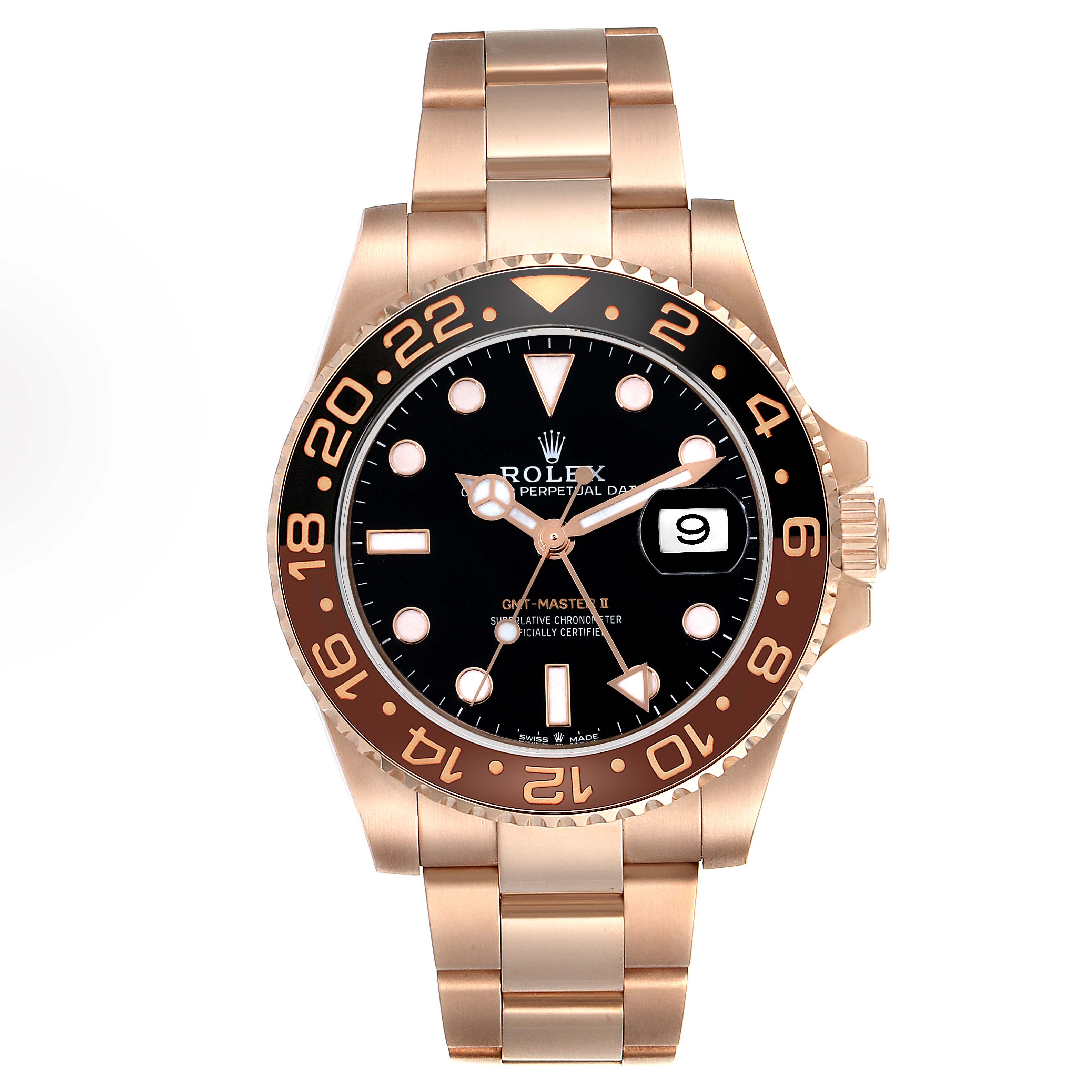 The Rolex GMT-Master 126715CHNR Men's Rose Gold Black Dial 126715CHNR Men's Rose Gold Black Dial watch is shown from a front angle, displaying the bezel, dial, hands, and bracelet.