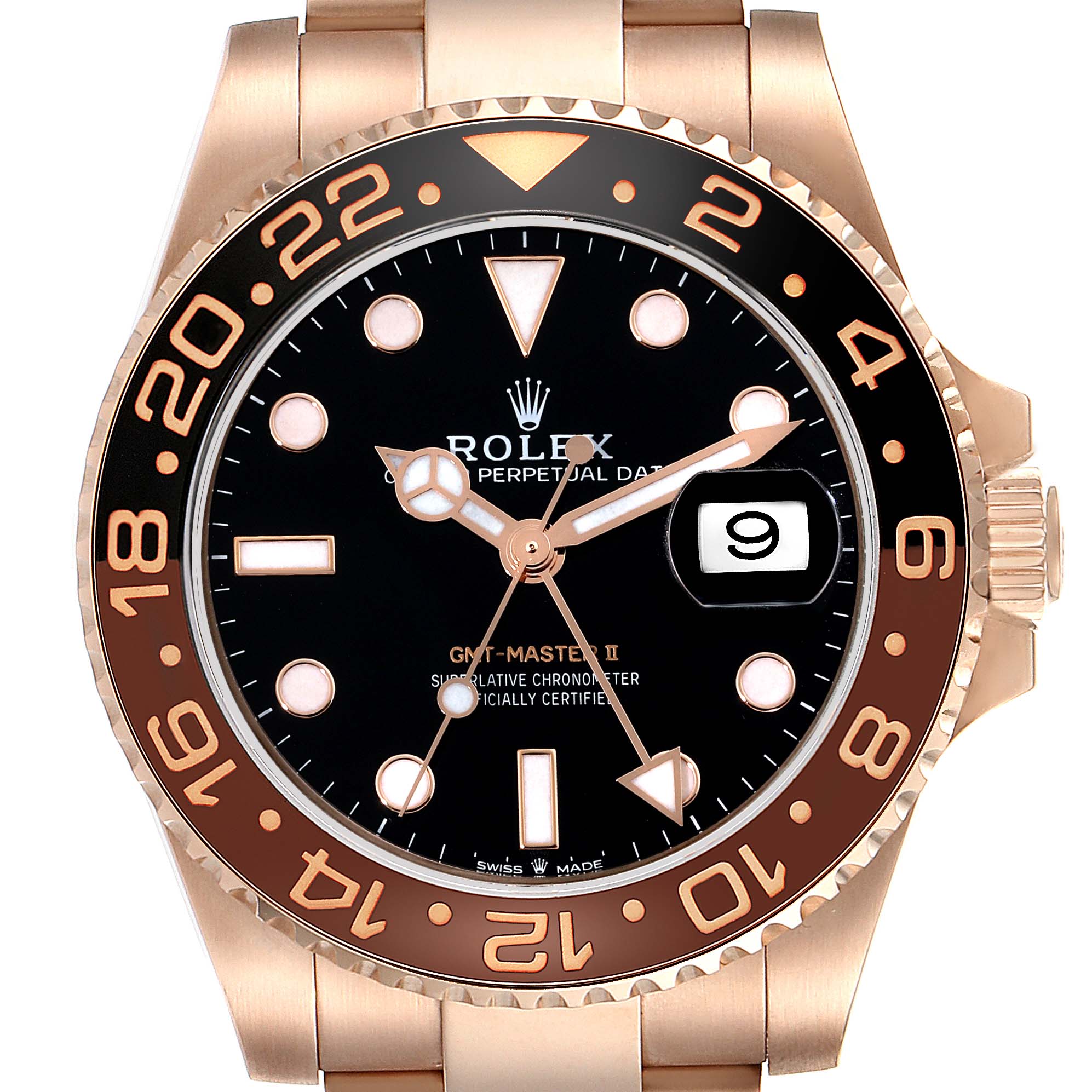 The image shows a close-up, straight-on view of the Rolex GMT-Master 126715CHNR Men's Rose Gold Black Dial 126715CHNR Men's Rose Gold Black Dial II watch, highlighting its dial, bezel, hands, and date window.