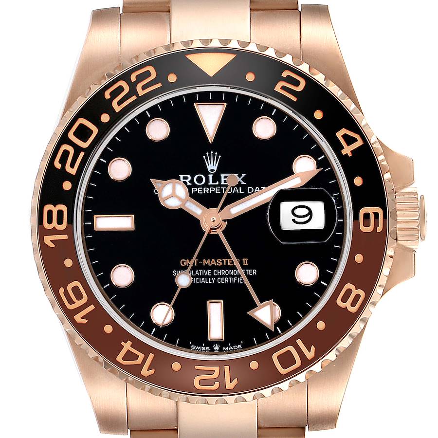 The image shows a close-up, straight-on view of the Rolex GMT-Master 126715CHNR Men's Rose Gold Black Dial 126715CHNR Men's Rose Gold Black Dial II watch, highlighting its dial, bezel, hands, and date window.
