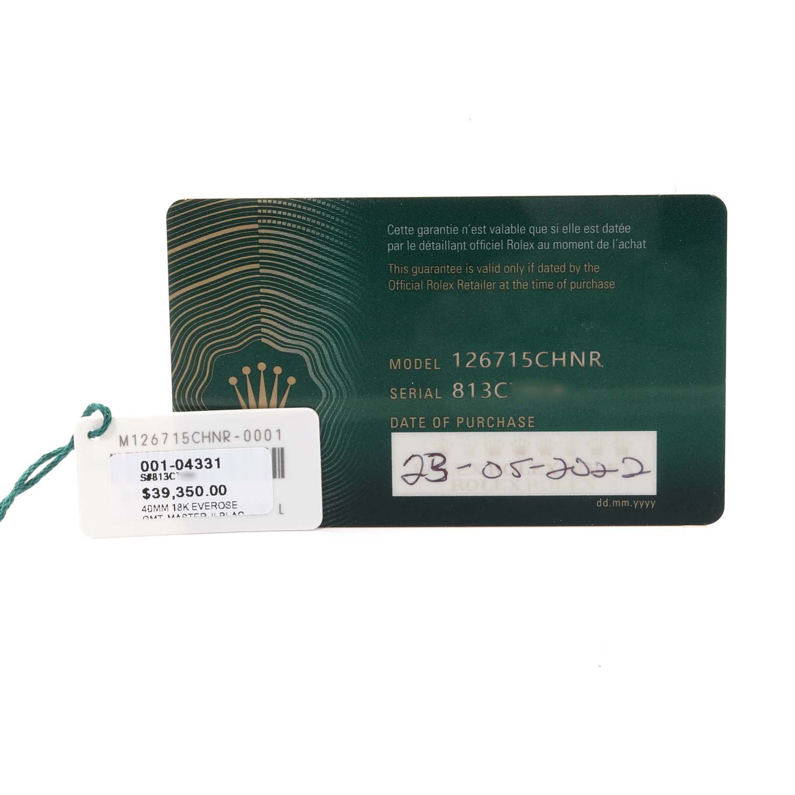 The image shows the warranty card and price tag for a Rolex GMT-Master 126715CHNR Men's Rose Gold Black Dial 126715CHNR Men's Rose Gold Black Dial model 126715CHNR watch.
