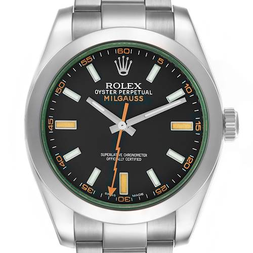 The image shows a Rolex Milgauss 116400GV Men's Stainless Steel Black Dial 116400GV Men's Stainless Steel Black Dial watch face-on, featuring its dial, hour markers, and bracelet.