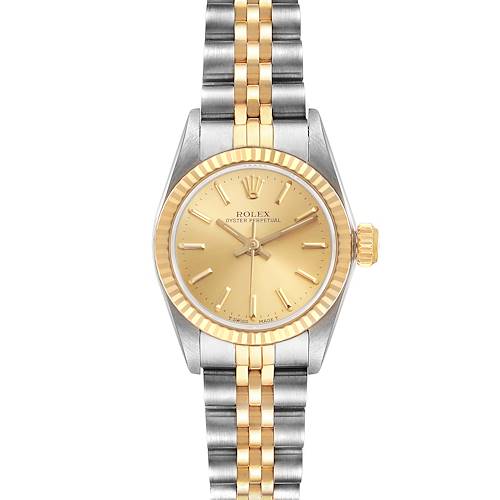The Rolex Oyster Perpetual 67193 Women's Steel and Gold (two tone) Champagne Dial 67193 Women's Steel and Gold (two tone) Champagne Dial watch is shown from the front, featuring the dial, bezel, case, and bracelet.