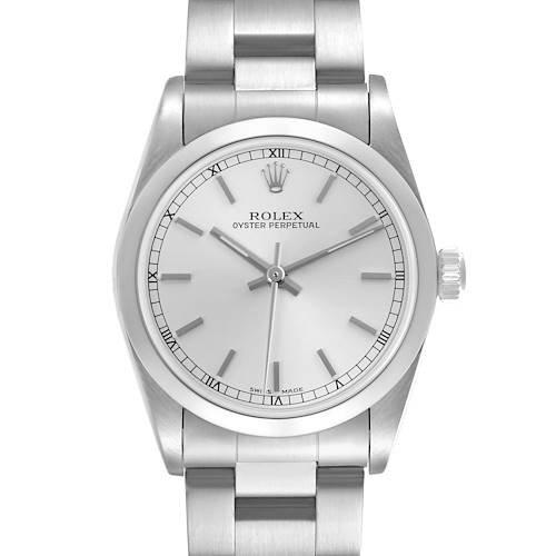 The Rolex Mid-Size 77080 Women's Stainless Steel Silver Dial 77080 Women's Stainless Steel Silver Dial model is shown from the front, displaying the dial, bezel, bracelet, and crown.