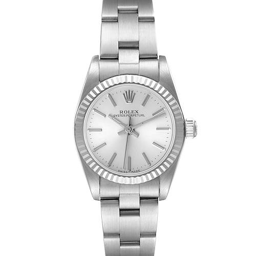 This image shows a frontal view of a Rolex Oyster Perpetual 76094 Women's Stainless Steel Silver Dial 76094 Women's Stainless Steel Silver Dial watch displaying the face, bezel, crown, and bracelet.