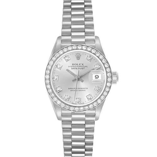 The Rolex President 69136 Women's Platinum Silver Dial 69136 Women's Platinum Silver Dial model watch is shown from the front, highlighting the bezel, dial, hands, and bracelet.