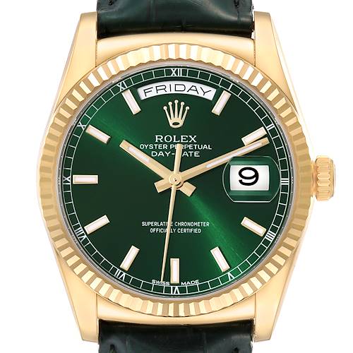 This is a front view of the Rolex President 118138 Men's Yellow Gold Green Dial 118138 Men's Yellow Gold Green Dial model watch, featuring its green dial, day-date display, and gold bezel.