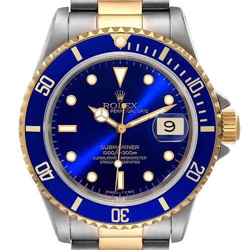 This image shows a front view of a Rolex Submariner 16613 Men's Steel and Gold (two tone) Blue Dial 16613 Men's Steel and Gold (two tone) Blue Dial watch, highlighting its blue dial, gold accents, and bezel.