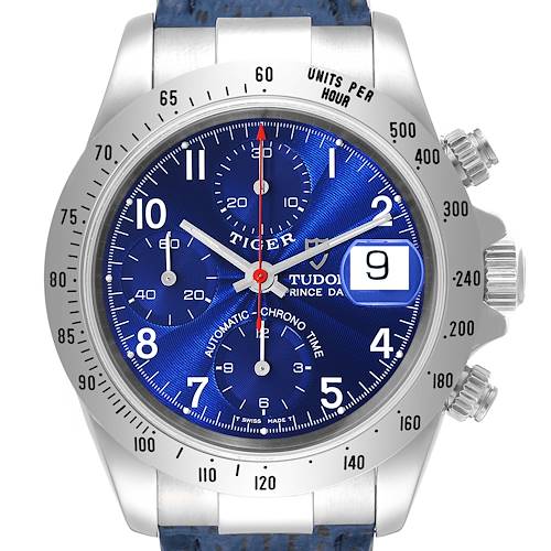 The Tudor Tiger 79280 Men's Stainless Steel Blue Dial 79280 Men's Stainless Steel Blue Dial model watch is shown from the front, featuring its blue dial, chronograph subdials, date window, and bezel.