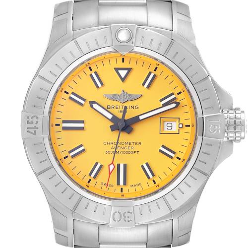 The image shows a front view of a Breitling Avenger A17319 Men's Stainless Steel Yellow Dial A17319 Men's Stainless Steel Yellow Dial watch with a yellow dial and stainless steel bracelet.
