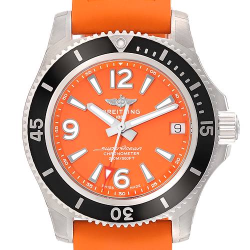 The image shows a frontal view of the Breitling A17316 Women's Stainless Steel Orange Dial A17316 Women's Stainless Steel Orange Dial Superocean 36mm Orange Dial Steel Ladies Watch A17316 Unworn model.