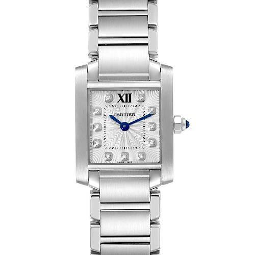 This image shows a front view of the Cartier Tank Francaise WE110006 Women's Stainless Steel Silver Dial WE110006 Women's Stainless Steel Silver Dial model watch, highlighting its square dial and bracelet.