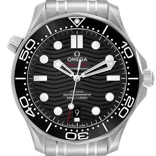 The image shows a front view of the Omega Seamaster 210.30.42.20.01.001 Men's Stainless Steel Black Dial 210.30.42.20.01.001 Men's Stainless Steel Black Dial watch, highlighting the dial, bezel, and part of the stainless steel bracelet.