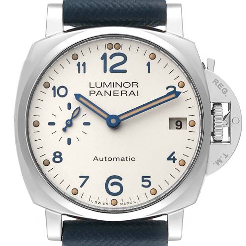 This image shows a front view of the Luminor Due model watch by Panerai, displaying the dial, hands, and date window.