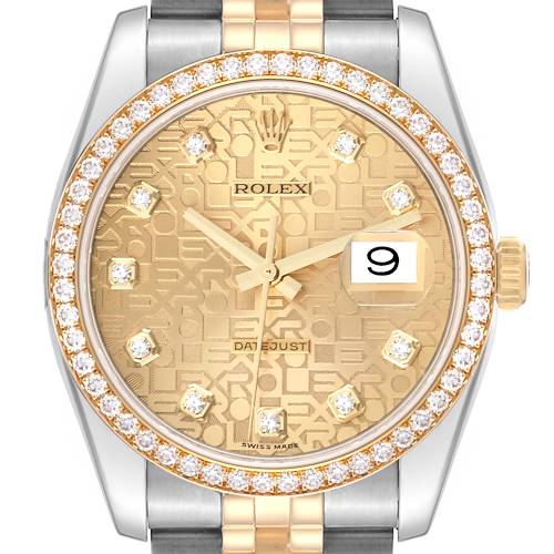This image shows a front view of a Rolex Datejust 116243 Men's Steel and Gold (two tone) Champagne Dial 116243 Men's Steel and Gold (two tone) Champagne Dial watch, highlighting its diamond-studded bezel and gold dial.