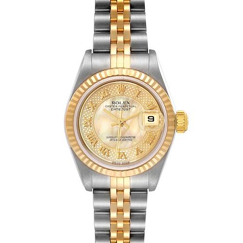 The image shows a Rolex Datejust 79173 Women's Steel and Gold (two tone) Mother of Pearl Dial 79173 Women's Steel and Gold (two tone) Mother of Pearl Dial model watch viewed from the front, displaying its face, bezel, and bracelet.